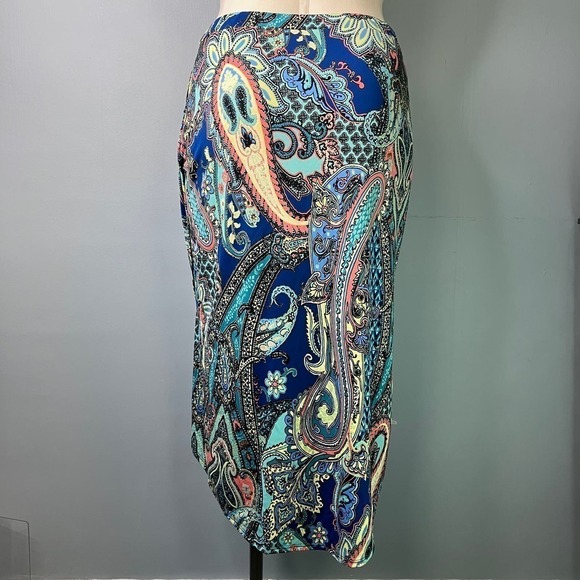 Sunny Leight Petites Blue Paisley Tulip Hem Faux Wrap Midi Pull On Skirt Size PL - Picture 4 of 13